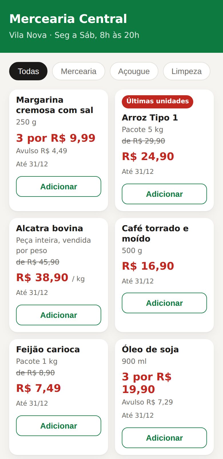 Página de ofertas de uma mercearia no celular, com preços e botão de adicionar